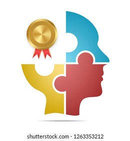 The human head composed of colored puzzle pieces with gold labels and red ribbons and gray shadow below the head on a white background. Human head with world winning award medals