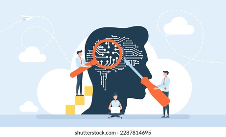 Human head with a computer chip. Artificial intelligence, machine learning. Data, brain with a digital circuit. Brain with the neural network on laptop and scientists, tiny people. Vector illustration