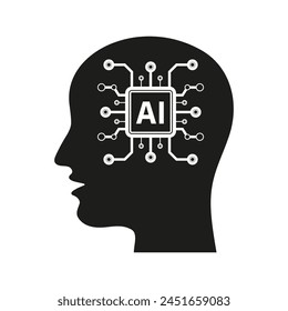 Cabeza humana con circuito de computadora y señal de IA. Icono de Vector de inteligencia artificial.