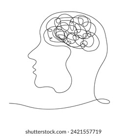 Human head and confused thoughts. Business thought concept, man asking question, looking for answer, problem solving, idea. In the style of one line