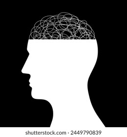 Human Head with Confused Thoughts.   Concept of Mental Health, Depression, and Anxiety. Vector Illustration. 
