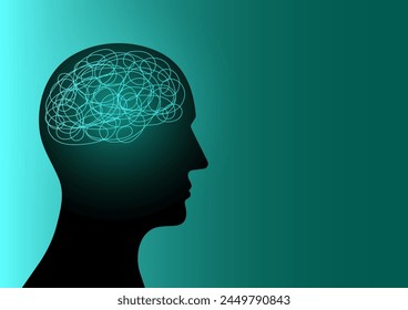 Menschlicher Kopf mit verwirrten Gedanken.   In: Concept of Mental Health, Depression, and Anxiety. Vektorillustration. 