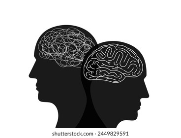 Human Head with Confused Thoughts.   Concept of Mental Health, Depression, and Anxiety. Vector Illustration. 