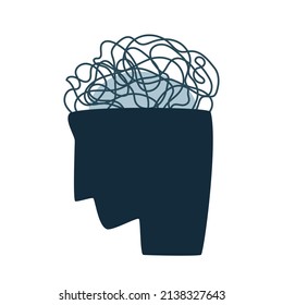 Human head with confused thoughts inside. Mental disorder, anxiety, chaotic thought process, confusion and depression creative abstract concept. Minimalistic flat vector illustration