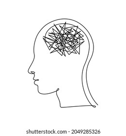 Cabeza humana con confusión de pensamientos en dibujo continuo de una línea. Concepto de mala salud mental, ansiedad y estrés. Cefalea y caos en la conciencia en un estilo lineal. Ilustración del vector