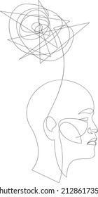Human head with confusion of thoughts in Continuous one line drawing. Concept of bad mental health, anxiety and stress. Headache and chaos in consciousness in linear style. Vector illustration.