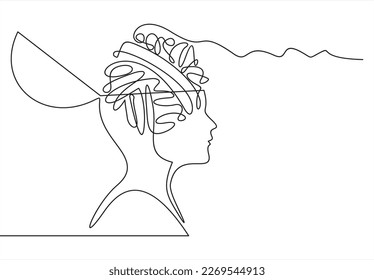 Human head with confusion of thoughts in Continuous one line drawing. Concept of bad mental health, anxiety and stress. Headache and chaos in consciousness in linear style. Vector illustration