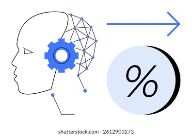 Human head containing gears and network nodes connected to a percentage symbol with a forward arrow. Ideal for AI, machine learning, finance, innovation, technology, analytics, and progress concepts