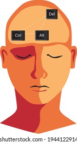 Human head with Control-Alt-Delete command as a metaphor for rebooting brain, EPS 8 vector illustration