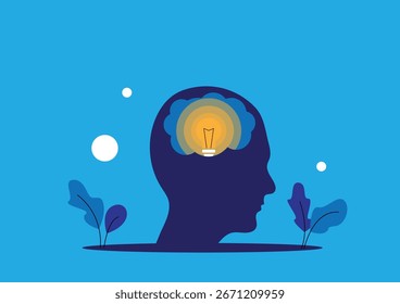 Cabeza humana con luz acogedora de una bombilla en el cerebro. Pensamiento y psicología, generación de ideas brillantes Arte vectorial