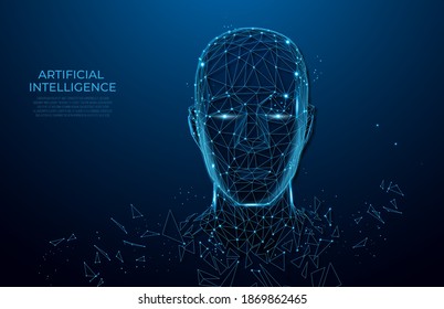 Human Head Created In Low Poly Style. Man Face Polygon Light. Emotional Intelligence Allegory AI. Facial Recognition System Concept. Biometric Scanning, 3D Scanning. Polygon Vector Wireframe Concept. 