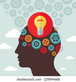 Human head creative idea inspiration - vector illustration in flat design style for business presentation, brochure, web site etc. Light bulb lamp, gears and clouds. Infographic concept. 