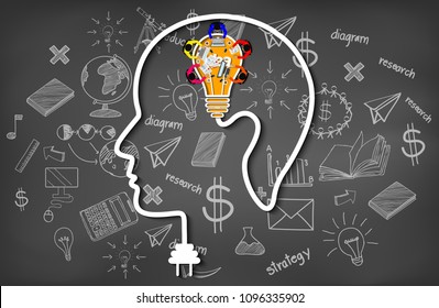Human head creativity inspiration thought planning light bulb icon concept. business meeting. teamwork. businessmen help to brainstorm idea to achieve higher and success. vector illustration