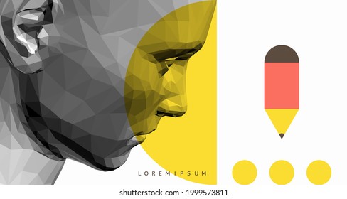 Human head. Creativity at work. Time to plan. Professional designer choose colours and tints for design project. 3d vector illustration for presentation, placard, banner, cover or brochure. 