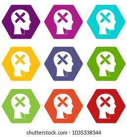 Human head with cross inside icon set many color hexahedron isolated on white vector illustration