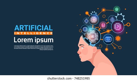 Human Head With Cyber Brain Cog Wheel And Gears Concept Of Artificial Intelligence Banner With Copy Space Flat Vector Illustration