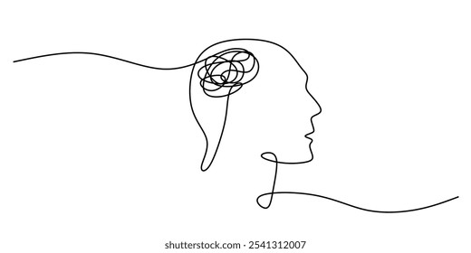 Human head depicted with a complex brain in a continuous one line drawing. Concept of psychology. Minimalist hand-drawn vector design.
