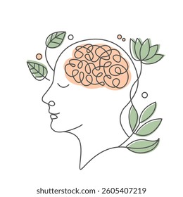 Human head depicting mental health, harmony and meditation. Line illustration on white background.