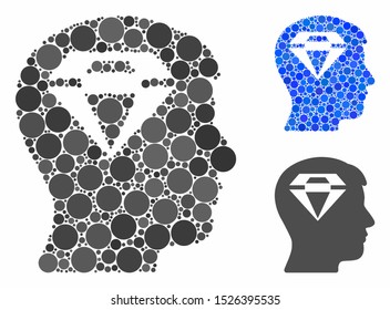Human head with diamond composition for human head with diamond icon of round dots in various sizes and shades. Vector dots are combined into blue composition.