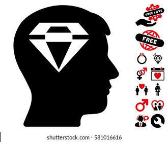 Human Head With Diamond icon with bonus romantic design elements. Vector illustration style is flat iconic intensive red and black symbols on white background.