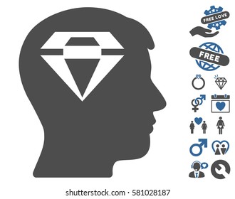 Human Head With Diamond icon with bonus valentine images. Vector illustration style is flat iconic cobalt and gray symbols on white background.