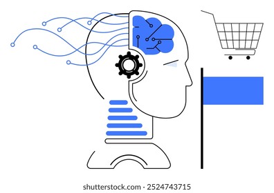 Cabeça humana com um cérebro digital e circuitos padrões, engrenagem, e um carrinho de compras. Ideal para inteligência artificial, comércio eletrônico, integração de tecnologia, redes neurais e temas de inovação. Simples