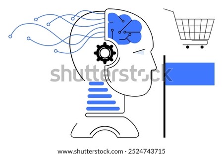 Human head with a digital brain and circuit patterns, gear, and a shopping cart. Ideal for artificial intelligence, e-commerce, technology integration, neural networks, and innovation themes. Simple