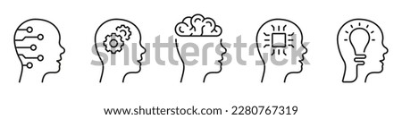 Human Head and Digital Science Black Line Icon Set. Brainstorm, Cyber Education Symbol on White Background. Intelligent Technology Linear Pictogram. Editable Stroke. Isolated Vector Illustration.