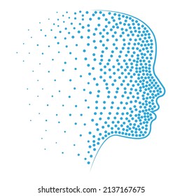 human head is disintegrating points isolated white background