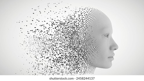 Human head dispersing and disintegrating into particles. 3D vector illustration of fusion between human and artificial intelligence.