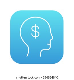 Human head with dollar symbol line icon for web, mobile and infographics. Vector white icon on the blue gradient square with rounded corners isolated on white background.