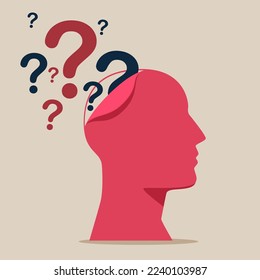Human head doubts and questioning everything. Human head surrounded by a question mark. Flat cartoon vector illustration.