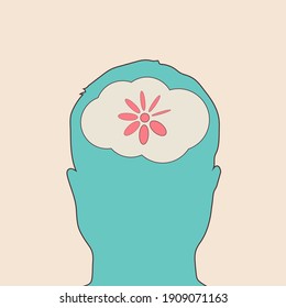 Human head with download icon or flower. Thinking head. Flat illustration. Vector