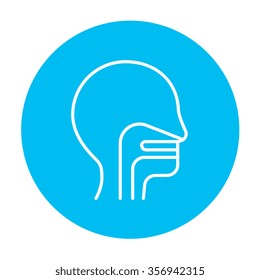 Human Head With Ear, Nose, Throat System Line Icon For Web, Mobile And Infographics. Vector White Icon On The Light Blue Circle Isolated On White Background.