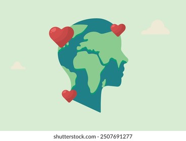 Human Head with Earth Map and Red Hearts Symbolizing Global Love and Environmental Awareness. Environmental awareness illustration. Eco-friendly practices