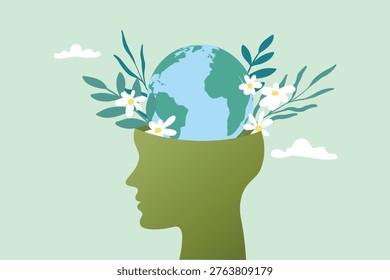 Human head with Earth and tropical plant and flower. Concept of environmental awareness and sustainability mindfulness, relaxation, wellness, and mental health, promoting calm lifestyle, self care, and emotional wellbeing.