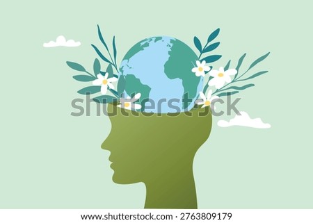 Human head with Earth and tropical plant and flower. Concept of environmental awareness and sustainability mindfulness, relaxation, wellness, and mental health, promoting calm lifestyle, self care, and emotional wellbeing.