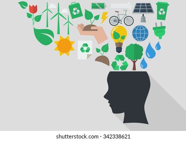 Human head with ecology icons. Flat design style