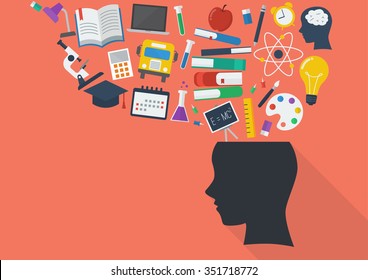 Human head with education icons. Flat design style