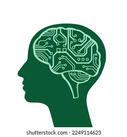 Human head with electric circuit board as brains. Artificial intelligence.