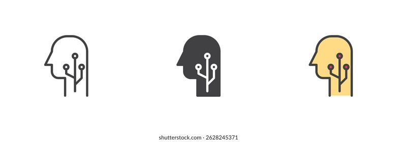 Human head with electronic circuit different style icon set. Line, glyph and filled outline colorful version, outline and filled vector sign. Artificial intelligence symbol, logo illustration