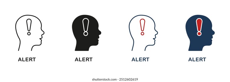 Menschlicher Kopf mit Ausrufezeichen, Warnlinie und Silhouette Icon Set. Warnzeichen im Mind-Piktogramm. Gefahrenmeldung, Person Attention Symbol. Bearbeitbarer Strich. Isolierte Vektorgrafik.