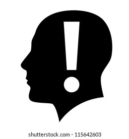 Human head with exclamation mark symbol on white