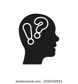 Human Head With Exclamation And Question Mark Silhouette Icon. Thoughtful Mind And Curiosity Glyph Symbol. Mental State Of Surprise And Inquiry. Isolated Vector Illustration.