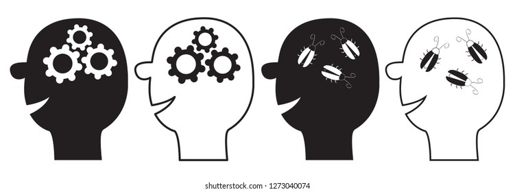 Human head face big icon set. Black line silhouette. Gears wheels inside brain. Team work business concept. Cockroach bugs. Thinking process. Flat design. Isolated White background Vector illustration