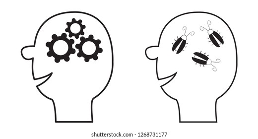 Human head face icon. Black line silhouette. Gears wheels inside brain. Team work business concept. Cockroach bugs. Thinking process. Flat design. Isolated. White background. Vector illustration