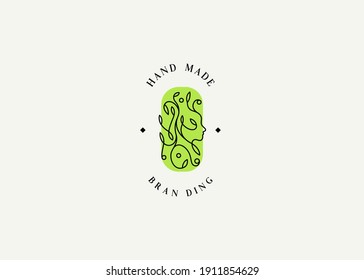 Diseño del logotipo de la rama de la naturaleza de la cara de la cabeza humana. Plantilla de diseño de diseño de líneas de iconos modernas
