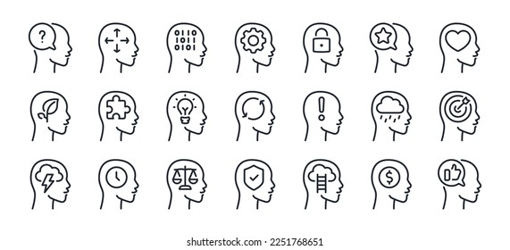 Human head and feelings related editable stroke outline icons set  isolated on white background flat vector illustration. Pixel perfect. 64 x 64.