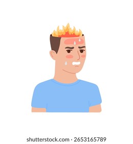 Human head with fire, angry man. Brain with flame, burnout on stress. Intense brain activity from overwork, tension, multitasking. Mental illness. Vector flat illustration