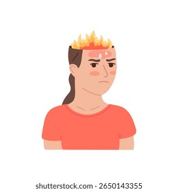 Cabeça humana com fogo, mulher irritada. Cérebro com chama, esgotamento sob estresse. Atividade cerebral intensa por excesso de trabalho, tensão, multitarefa. Doença mental. Ilustração em plano vetorial
